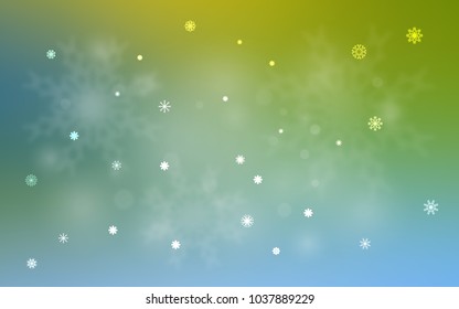 Light Blue, Green vector cover with beautiful snowflakes. Blurred decorative design in xmas style with snow. New year design for your business advert.