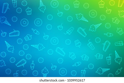 Light Blue, Green vector cover with set of confections. Beautiful colored illustration with candies in doodle style. Doodle design for your business advert of cafes.