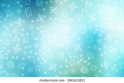 Light Blue, Green vector cover with cuisine gourmet. Blurred decorative design of snacks in doodle style. Template for meal cooking in kitchen.