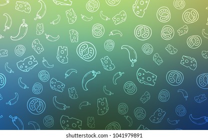 Light Blue, Green vector cover with cuisine gourmet. Decorative shining illustration with food on abstract template. Pattern for menu of cafes, bars, restaurants.