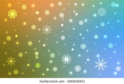 Light Blue, Green vector cover with beautiful snowflakes. Decorative shining illustration with snow on abstract template. New year design for your ad, poster, banner.