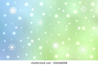 Light Blue, Green vector cover with beautiful snowflakes. Decorative shining illustration with snow on abstract template. New year design for your ad, poster, banner.