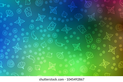 Light Blue, Green vector cover with cuisine gourmet. Illustration with set of fresh food in doodle style. Pattern for ads of breakfast, lunch, dinner.