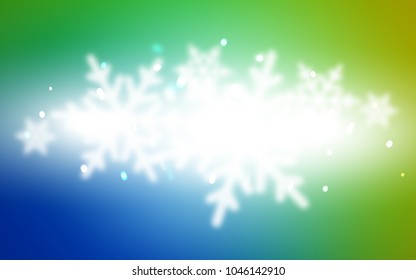 Light Blue, Green vector cover with beautiful snowflakes. Shining colored illustration with snow in christmas style. New year design for your ad, poster, banner.