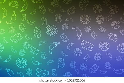 Light Blue, Green vector cover with cuisine gourmet. Illustration with set of fresh food in doodle style. Design for ad, poster, banner of cafes or restaurants.