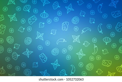 Light Blue, Green vector cover with cuisine gourmet. Illustration with set of fresh food in doodle style. Pattern for ads of breakfast, lunch, dinner.