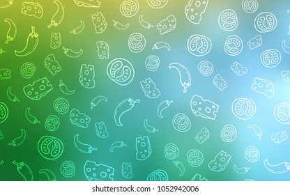 Light Blue, Green vector cover with cuisine gourmet. Illustration with set of fresh food in doodle style. Pattern for ads of breakfast, lunch, dinner.
