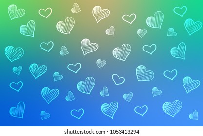 Light Blue, Green vector cover with Shining hearts. Decorative shining illustration with hearts on abstract template. Beautiful design for your business advert of anniversary.