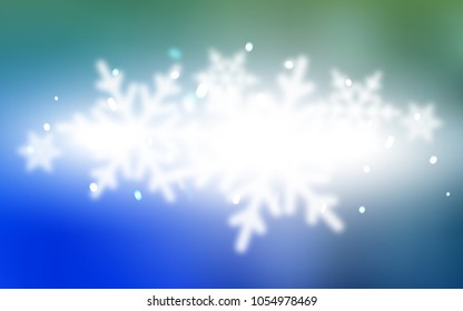 Light Blue, Green vector cover with beautiful snowflakes. Shining colored illustration with snow in christmas style. The pattern can be used for new year leaflets.