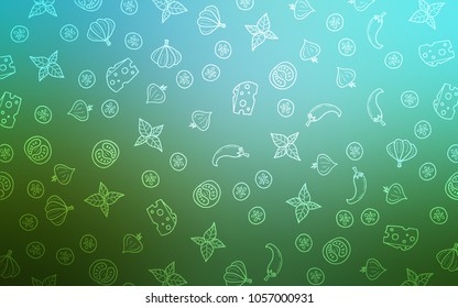 Light Blue, Green vector cover with cuisine gourmet. Blurred decorative design of snacks in doodle style. Pattern for menu of cafes, bars, restaurants.