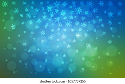 Light Blue, Green vector cover with beautiful snowflakes. Modern geometrical abstract illustration with crystals of ice. New year design for your business advert.