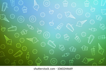 Light Blue, Green vector cover with set of confections. Decorative shining illustration with sweets on abstract template. Pattern for ads of breakfast, lunch, dinner.