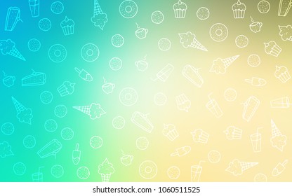 Light Blue, Green vector cover with set of confections. Beautiful colored illustration with candies in doodle style. Pattern for menu of cafes and restaurants.