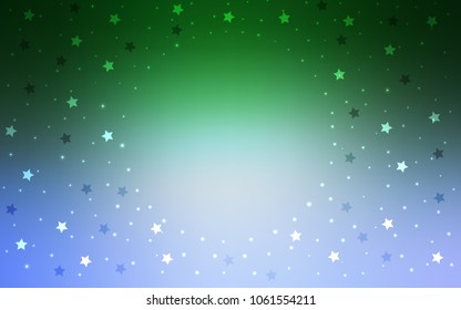 Light Blue, Green vector cover with small and big stars. Glitter abstract illustration with colored stars. Smart design for your business advert.