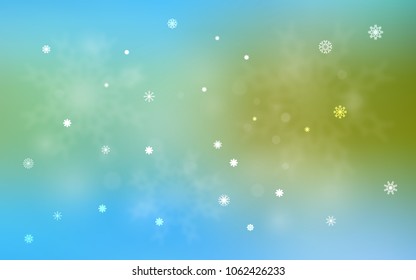 Light Blue, Green vector cover with beautiful snowflakes. Shining colored illustration with snow in christmas style. The pattern can be used for new year leaflets.