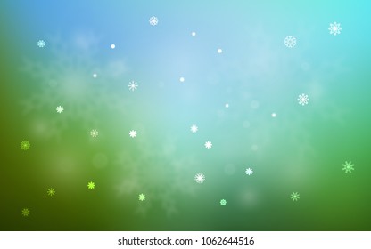 Light Blue, Green vector cover with beautiful snowflakes. Shining colored illustration with snow in christmas style. The template can be used as a new year background.