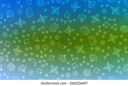 Light Blue, Green vector cover with cuisine gourmet. Blurred decorative design of snacks in doodle style. Template for meal cooking in kitchen.