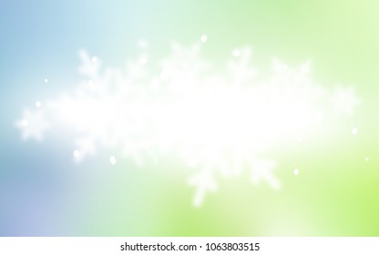 Light Blue, Green vector cover with beautiful snowflakes. Snow on blurred abstract background with gradient. New year design for your ad, poster, banner.