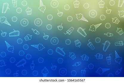 Light Blue, Green vector cover with set of confections. Illustration with set of sweet food in doodle style. Pattern for ads of breakfast, lunch, dinner.