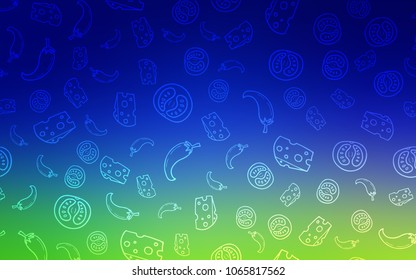 Light Blue, Green vector cover with cuisine gourmet. Fast Food on blurred abstract background with colorful gradient. Pattern for ads of breakfast, lunch, dinner.