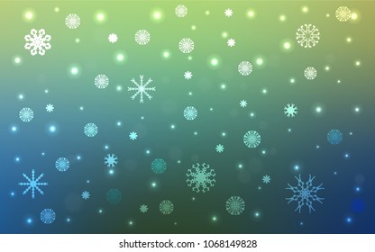 Light Blue, Green vector cover with beautiful snowflakes. Shining colored illustration with snow in christmas style. The pattern can be used for year new  websites.