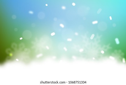 Light Blue, Green vector cover with beautiful snowflakes. Snow on blurred abstract background with gradient. New year design for your ad, poster, banner.