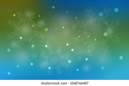 Light Blue, Green vector cover with beautiful snowflakes. Blurred decorative design in xmas style with snow. The pattern can be used for new year leaflets.