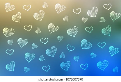 Light Blue, Green vector cover with Shining hearts. Beautiful colored illustration with hearts in celebration style. Pattern for marriage gifts, congratulations.