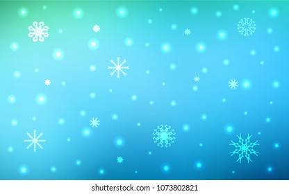 Light Blue, Green vector cover with beautiful snowflakes. Snow on blurred abstract background with gradient. New year design for your ad, poster, banner.