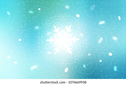 Light Blue, Green vector cover with beautiful snowflakes. Snow on blurred abstract background with gradient. The pattern can be used for new year ad, booklets.