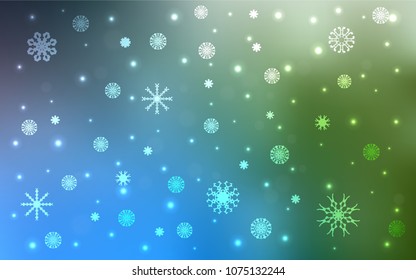 Light Blue, Green vector cover with beautiful snowflakes. Shining colored illustration with snow in christmas style. The pattern can be used for new year leaflets.