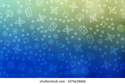 Light Blue, Green vector cover with cuisine gourmet. Blurred decorative design of snacks in doodle style. Doodle design for your business advert of cafes.
