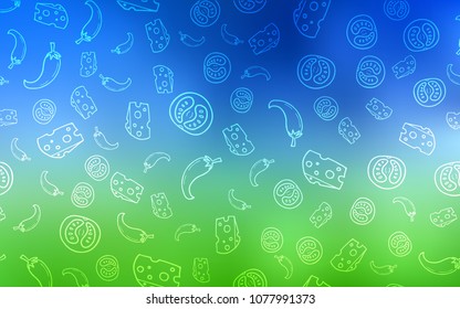 Light Blue, Green vector cover with cuisine gourmet. Illustration with set of fresh food in doodle style. Doodle design for your business advert of cafes.