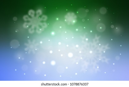 Light Blue, Green vector cover with beautiful snowflakes. Snow on blurred abstract background with gradient. New year design for your ad, poster, banner.