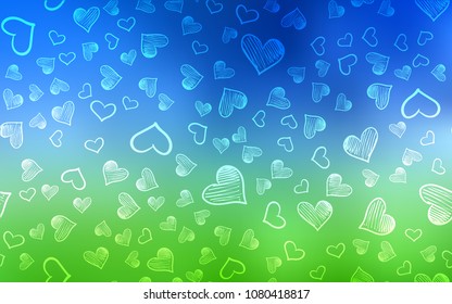 Light Blue, Green vector cover with Shining hearts. Glitter abstract illustration with colorful hearts in romantic style. Pattern for marriage gifts, congratulations.