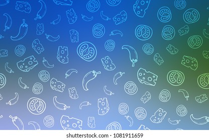 Light Blue, Green vector cover with cuisine gourmet. Fast Food on blurred abstract background with colorful gradient. Design for ad, poster, banner of cafes or restaurants.
