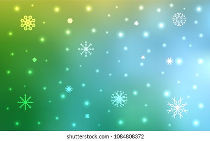 Light Blue, Green vector cover with beautiful snowflakes. Shining colored illustration with snow in christmas style. New year design for your ad, poster, banner.