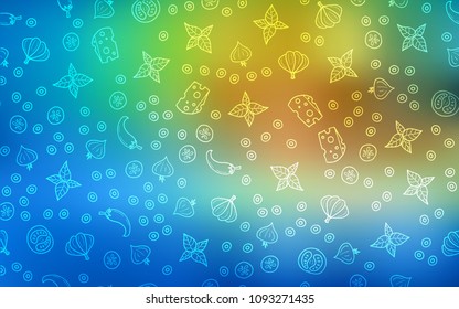 Light Blue, Green vector cover with cuisine gourmet. Illustration with set of fresh food in doodle style. Design for ad, poster, banner of cafes or restaurants.