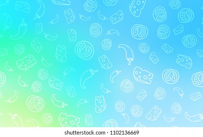 Light Blue, Green vector cover with cuisine gourmet. Glitter abstract sketch with gourmet food. Pattern for ad, booklets, leaflets of restaurants.