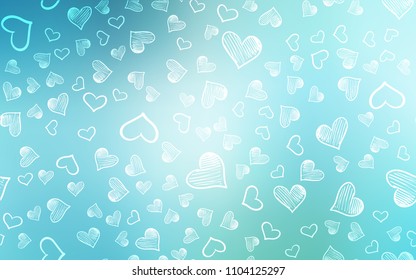 Light Blue, Green vector cover with Shining hearts. Beautiful colored illustration with hearts in celebration style. Pattern for marriage gifts, congratulations.
