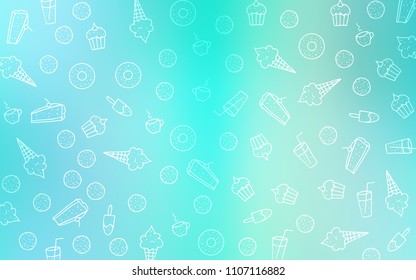 Light Blue, Green vector cover with set of confections. Confections on blurred abstract background with colorful gradient. Doodle design for your business advert of cafes.