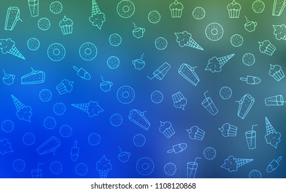 Light Blue, Green vector cover with set of confections. Beautiful colored illustration with candies in doodle style. Template of children's food in cafe.