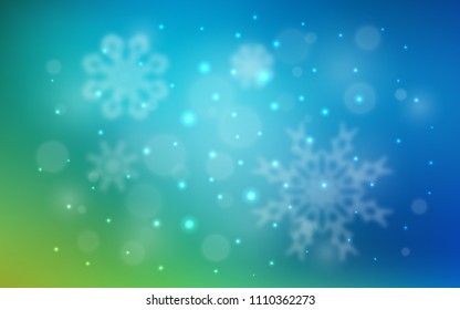 Light Blue, Green vector cover with beautiful snowflakes. Snow on blurred abstract background with gradient. The template can be used as a new year background.