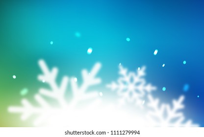 Light Blue, Green vector cover with beautiful snowflakes. Blurred decorative design in xmas style with snow. The template can be used as a new year background.