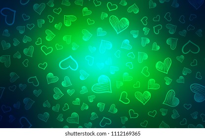 Light Blue, Green vector cover with Shining hearts. Blurred decorative design in doodle style with hearts. Pattern for carnival, festival romantic leaflets.