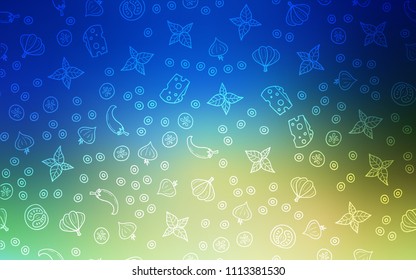Light Blue, Green vector cover with cuisine gourmet. Fast Food on blurred abstract background with colorful gradient. Pattern for ad, booklets, leaflets of restaurants.