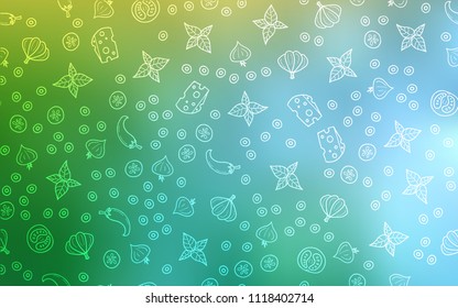 Light Blue, Green vector cover with cuisine gourmet. Beautiful colored illustration with food in doodle style. Pattern for menu of cafes, bars, restaurants.