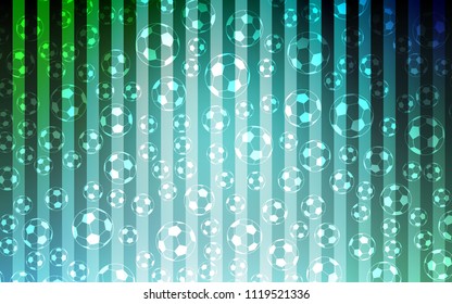 Light Blue, Green vector cover with football symbols. Illustration with set of soccer balls on gradiental backdrop. Pattern for promotion of soccer games.