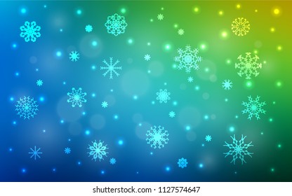 Light Blue, Green vector cover with beautiful snowflakes. Decorative shining illustration with snow on abstract template. The pattern can be used for year new  websites.