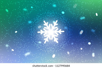 Light Blue, Green vector cover with beautiful snowflakes. Snow on blurred abstract background with gradient. The pattern can be used for new year ad, booklets.